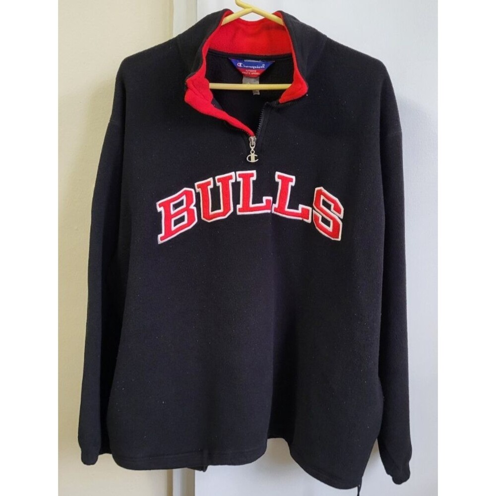 Chicago Bulls 90s Champion 1/2 Zip Fleece Pullover Jacket black red NBA vtg XL